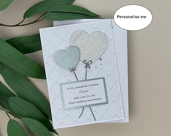 Handmade, Personalised Silver 25th Anniversary Card for Husband, Heart Balloons