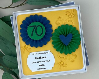 Handmade 3D Rosette Husband 70th Birthday Card, Boxed