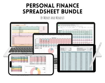 May include: A collection of spreadsheets displayed on a laptop, tablet, and smartphone. The spreadsheets are color-coded and include charts and graphs. The title of the bundle is "Personal Finance Spreadsheet Bundle" by "Money and Mindset".