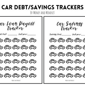May include: Black and white printable car loan payoff and car savings trackers. Each tracker has 30 spaces to mark off progress towards a goal. The text "Car Loan Payoff Tracker" and "Car Savings Tracker" is at the top of each tracker.