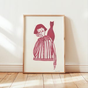 Gato y mujer. Impresión A5 de acuarela hecha a mano, decoración de pared, póster sin marco, en papel ecológico, hecho en Irlanda.