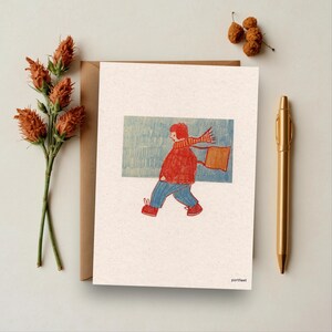 Direction la boutique ! Carte postale A6 illustrée au crayon coloré (non pliée), sur papier respectueux de l'environnement, faite main en Irlande.