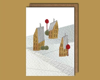 A6 Folded Greeting Card - Cosy Winter Houses - Watercolour Collage - on 100% Recycled paper /w envelope