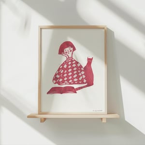 Katze und Frau beim Lesen. Handgemachtes Aquarell Line Art A5 Druck, Wanddekoration, ungerahmtes Poster auf umweltfreundlichem Papier, hergestellt in Irland