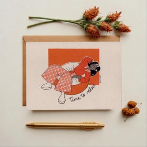 Il est temps de se détendre ! Carte de voeux A6 (pliée), sur papier écologique, faite main dans un style vintage, pour les amateurs de fruits et légumes