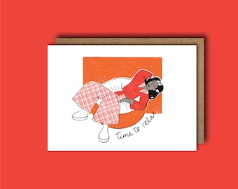 A6 Folded Greeting Card - Woman in Peach - Time to Relax - Blank /w envelope