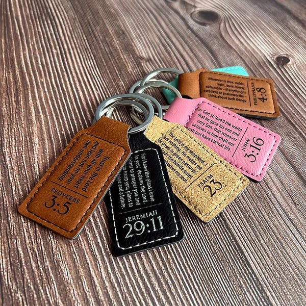 Personalized Vegan Leather Scripture Keychain: Engraved Christian Gift, Custom Bible Verse or Name