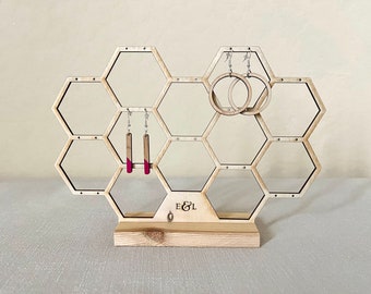 Honeycomb Earring Stand Organizer | Jewelry Holder Display | Modern White And Wood Stud Dangling Earring Storage For Dresser Vanity