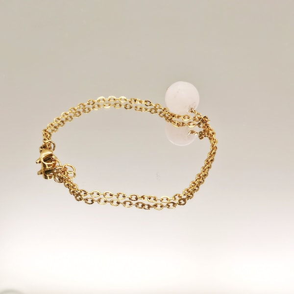 Rose Quartz Filled Gold 18K Bracelet for Women, Gemstone Jewelry, Healing Crystal Bracelet, Pink Stone Cuff Bangle