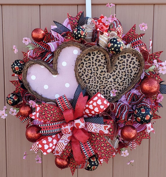 Valentine Wreath for Front Door. Animal Print Valentines Day