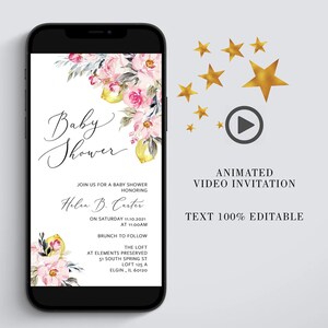 Puede incluir: La pantalla de un tel&eacute;fono inteligente muestra una invitaci&oacute;n a un baby shower con un dise&ntilde;o floral y el texto "Baby Shower" en cursiva. La invitaci&oacute;n incluye el nombre "Helen B. Carter", la fecha "s&aacute;bado 14 de mayo de 2023", la hora "11:00 AM" y la ubicaci&oacute;n "The Loft at Elements Preserved, 15 South Spring St, Loft 115 A, Elgin, IL 60120". El texto "Invitaci&oacute;n de video animada" y "Texto 100% editable" tambi&eacute;n se muestra en la pantalla.