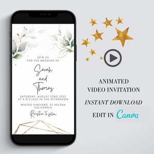 Digital Wedding Invitation Template, Self Editable Wedding Invite, Greenery Wedding Video Invitation, personalized evite