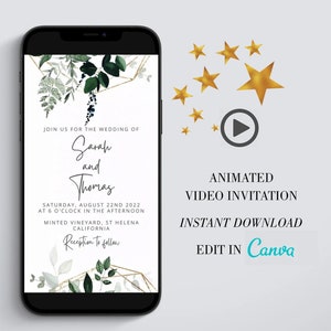 Edit in Canva Wedding Video Invite, Electronic Animated Wedding Invitation, Digital Gold Wedding Invitation, personalized evite