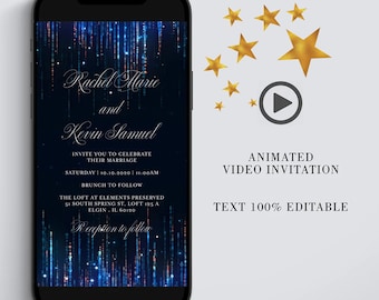 Digital Blue Glitter Wedding Video Invitation, Animated Navy Sparkle MP4 Evite, Electronic Wedding Invite