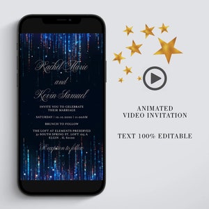 Modèle d'invitation vidéo de mariage numérique à paillettes bleues