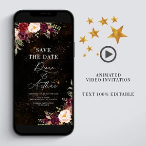 Gold Glitter Burgundy Floral Save the Date Invitation