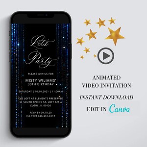 Blue Glitter Let’s Party Birthday Dinner Video Invitation | Animated MP4 Evite