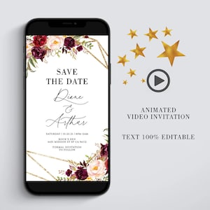 Save-the-date videosjabloon | Bourgondische bloemenbruiloft MP4 | Bewerkbare digitale canvasuitnodiging | Evite papierloos sms'en