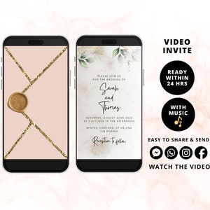May include: A digital wedding invitation with a watercolour background and gold accents. The invitation reads "Please join us for the wedding of Sarah and Thomas" and includes the date, time, and location of the wedding. The invitation also includes a seal with a wax stamp.