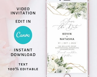 Greenery Wedding Video Invitation, Animated Save the Date MP4, Eucalyptus Botanical Evite