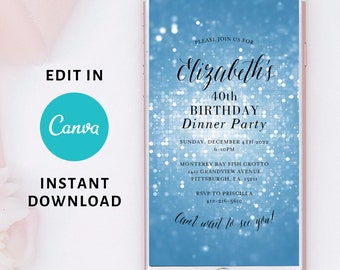 Digital Blue Birthday Party Video Invitation, Electronic Dinner Party Invite, Blue Glitter Blinking, Editable Invitation, Any Age