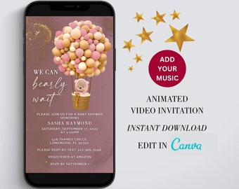 Bear Balloon Baby Shower Video Invite – Glitter Animated Canva Template