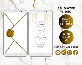 Animerad bröllopsvideoinbjudan – Elegant digital inbjudan med guldfärgat fallande glitter