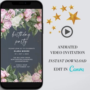 Electronic Birthday Dinner Video Invitation: Floral Gold Design (Instant Download)