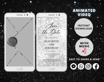 Silver Glitter Animated Save The Date Video, Editable E-vite (MP4)