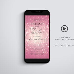 A smartphone displaying a pink invitation design alongside a circular play icon and text about 100 percent editable text.