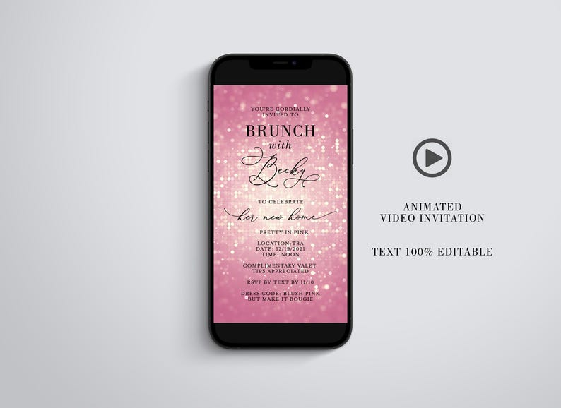 A smartphone displaying a pink invitation design alongside a circular play icon and text about 100 percent editable text.