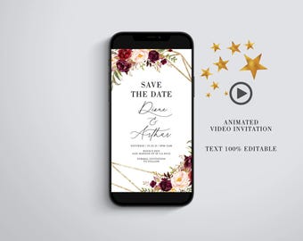 Video Save The Date, Burgundefarbene florale animierte Hochzeitseinladung
