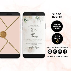 May include: A digital wedding invitation with a watercolour background and gold accents. The invitation reads "Please join us for the wedding of Sarah and Thomas, Saturday, August 22nd 2022 at 6 o'clock in the afternoon, Minted Vineyard, St Helena, California. Reception to follow."