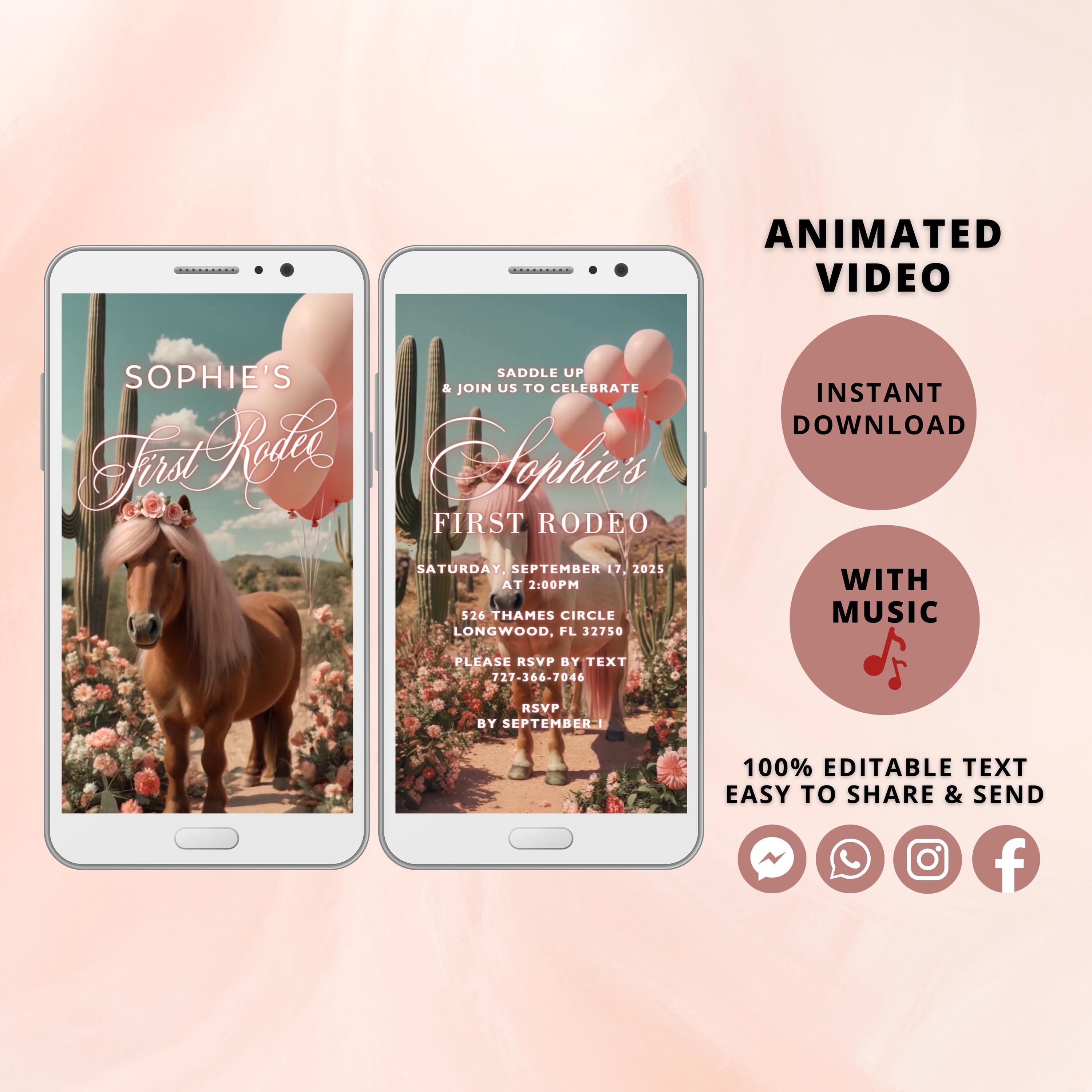 First Rodeo Birthday Video Invitation: Animated Girl Party (Digital Download)