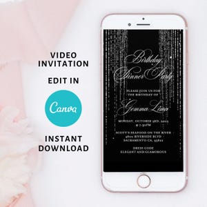 A phone mockup on a light surface shows a black digital invitation with silver sparkle details and event text for a birthday dinner.