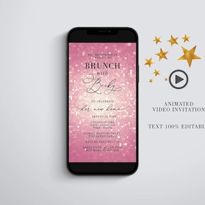 A smartphone displaying a pink sparkle party invitation, accompanied by a play button icon and several gold star shapes.