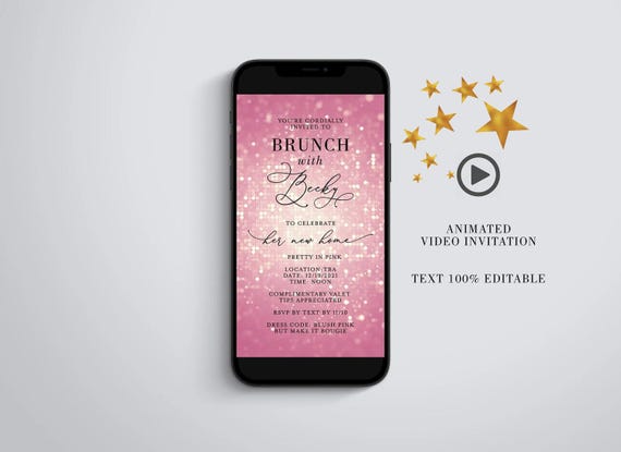 Pink Brunch Invite, Animated MP4 Birthday Evite for Text Messages