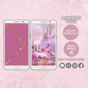 Invitación en video de unicornio, evite de cumpleaños rosa editable con música