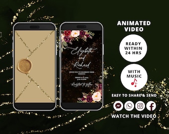 Burgundy Floral Wedding Video Invitation | Animated Gold Glitter Evite | Editable Digital Wedding Invite Template