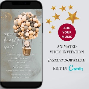 Baby Shower Electronic Invite Bear Balloons Video Glitter Animated, Baby Shower Digital Invite, baby shower e-vite neutral, Edit in Canva