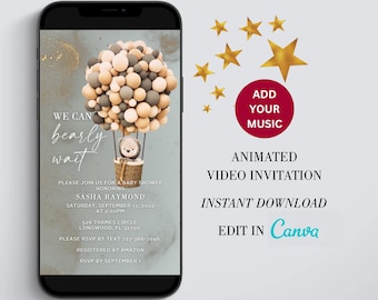 Baby Shower Electronic Invite Bear Balloons Video Glitter Animated, Baby Shower Digital Invite, baby shower e-vite neutral, Edit in Canva