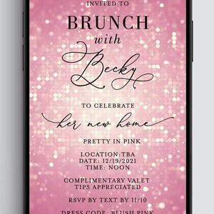 A close-up view of a smartphone screen showing a pink shimmering brunch invitation with black lettering.