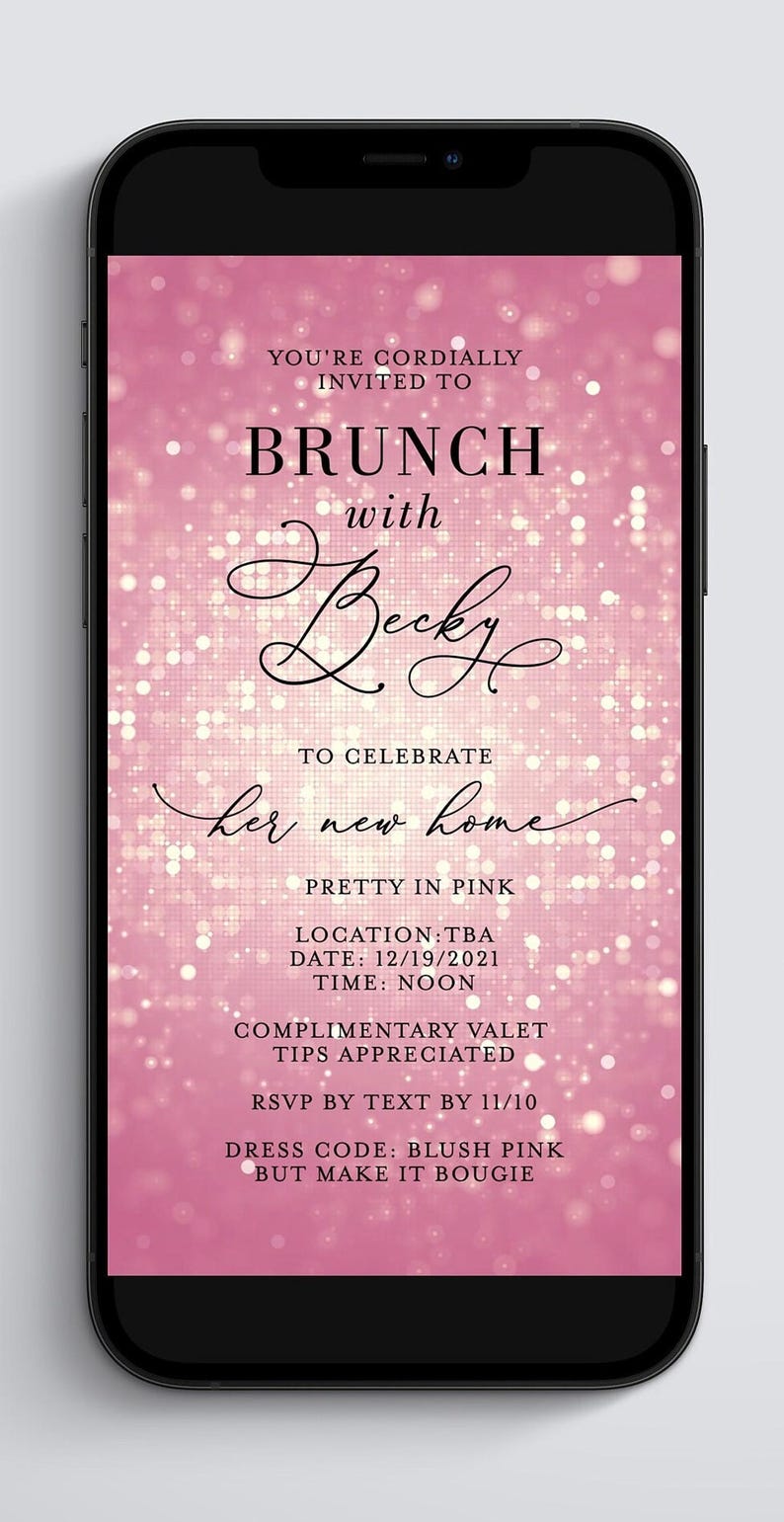 A close-up view of a smartphone screen showing a pink shimmering brunch invitation with black lettering.