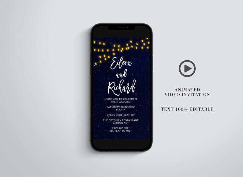 May include: A smartphone screen displaying a wedding invitation with a dark blue background and gold string lights. The invitation reads "Eileen and Richard" and includes the wedding date, time, dress code, location, and RSVP information.