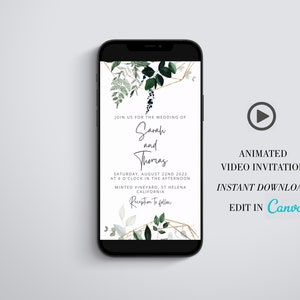 May include: A smartphone screen displaying a wedding invitation with a green and gold floral design. The invitation reads "Join us for the wedding of Sarah and Thomas. Saturday, August 22nd 2022 at 6 o'clock in the afternoon. Minted Vineyard, St Helena California. Reception to follow."