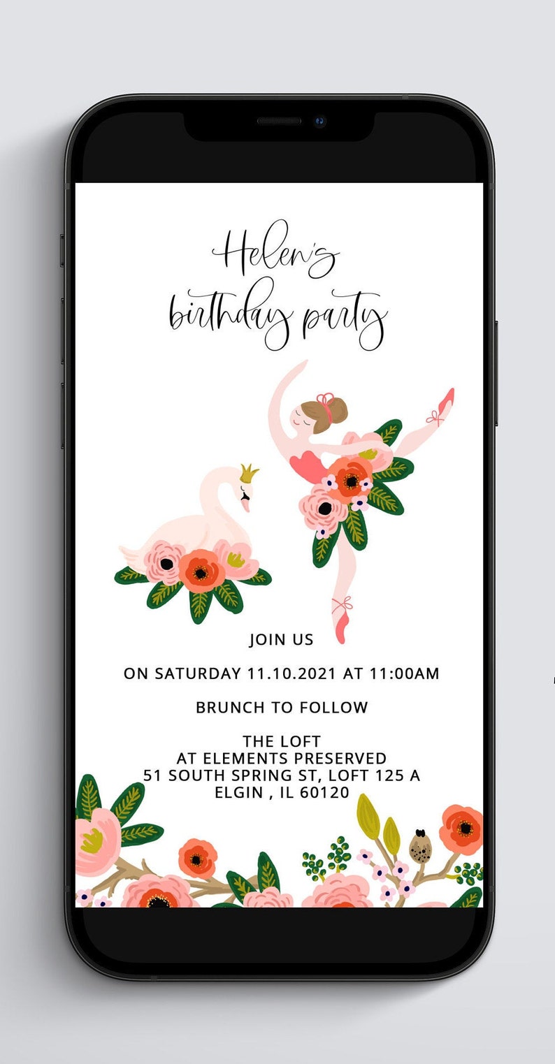 Birthday Video Invitation Ballerina First Birthday Video Evite Animated Invitation Swan Electronic Invite