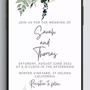 May include: Wedding invitation with gold geometric shapes and green foliage. The invitation reads "Join us for the wedding of Sarah and Thomas. Saturday, August 22nd 2022 at 6 o'clock in the afternoon. Minted Vineyard, St Helena California. Reception to follow."