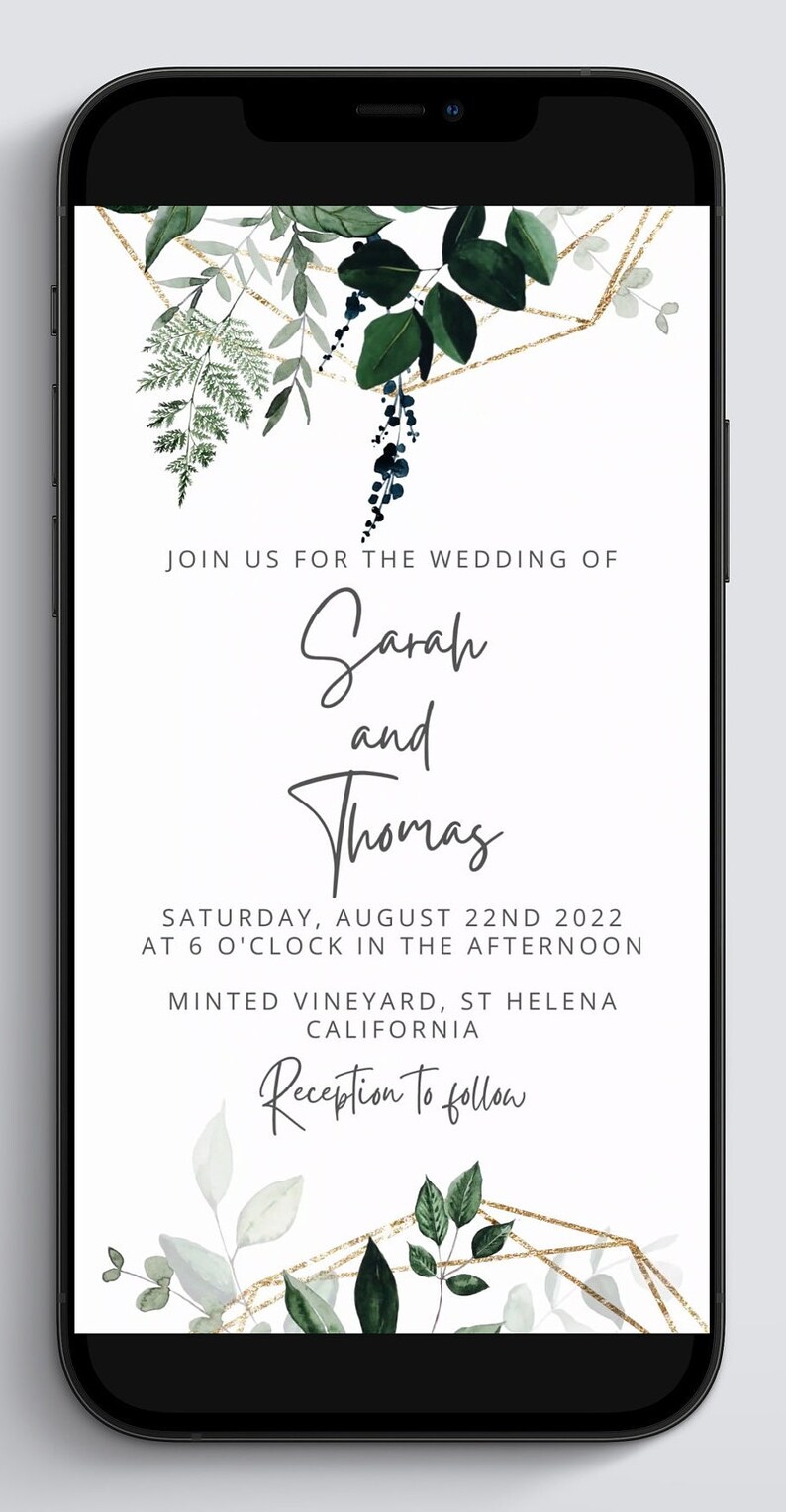 May include: Wedding invitation with gold geometric shapes and green foliage. The invitation reads "Join us for the wedding of Sarah and Thomas. Saturday, August 22nd 2022 at 6 o'clock in the afternoon. Minted Vineyard, St Helena California. Reception to follow."