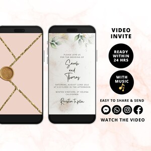 May include: A digital wedding invitation with a watercolour background and gold accents. The invitation reads "Please join us for the wedding of Sarah and Thomas, Saturday, August 22nd 2022 at 6 o'clock in the afternoon, Minted Vineyard, St Helena, California. Reception to follow."