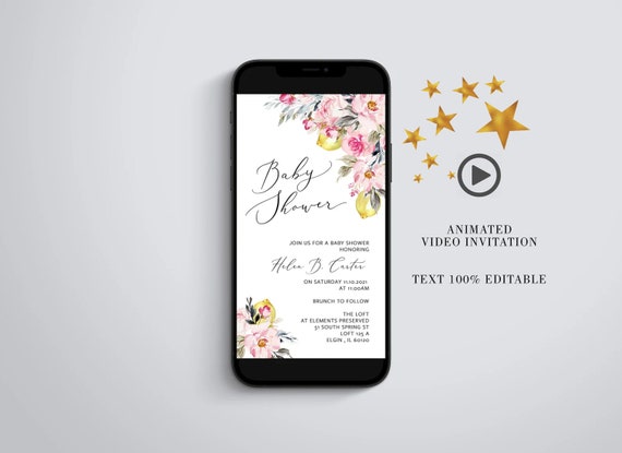 Lemon Baby Shower Video Invitation, Summer Garden Citrus Animated Digital Evite, Little Lemon Invite, Editable Phone Text MP4